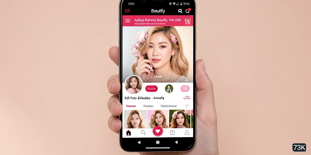 Antarmuka aplikasi 73K menampilkan fitur Kamera Beautify yang menarik.