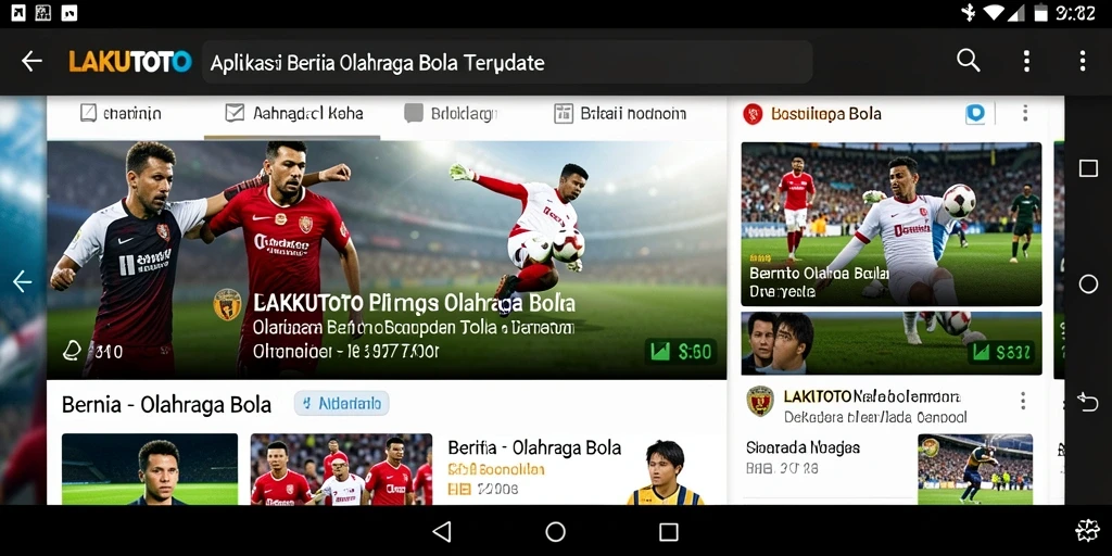 Antarmuka aplikasi LAKUTOTO menampilkan berita olahraga bola terkini.