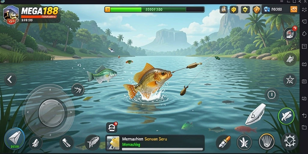 Tampilan antarmuka MEGA188 menampilkan pemandangan memancing yang indah.